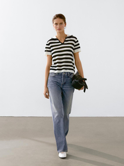 Massimo Dutti Свитер поло из смесового хлопка в полоску, черный