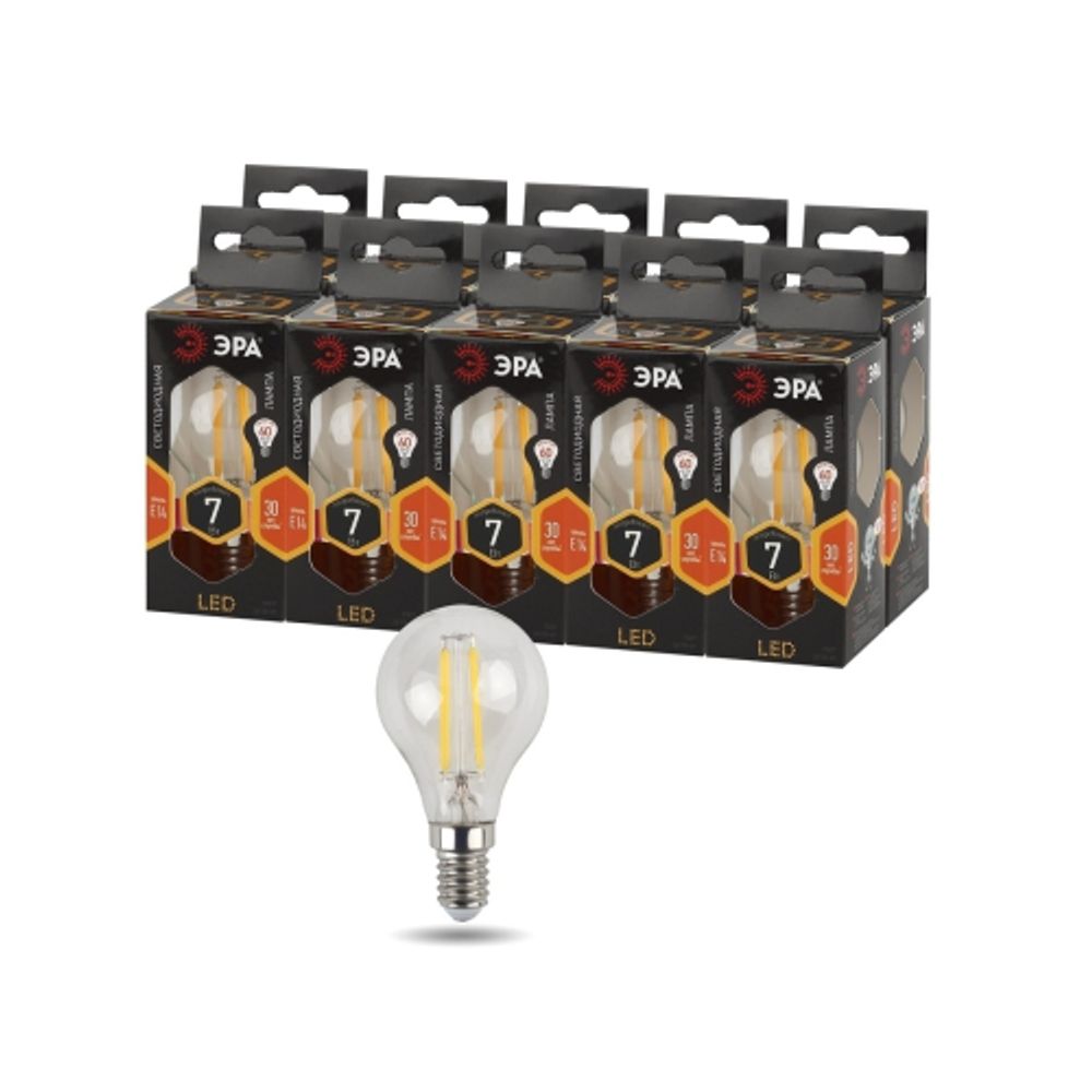 Лампа светодиодная ЭРА F-LED P45-7W-827-E14 7Вт филамент шар теплый белый свет Е14 | Филаментные декоративные