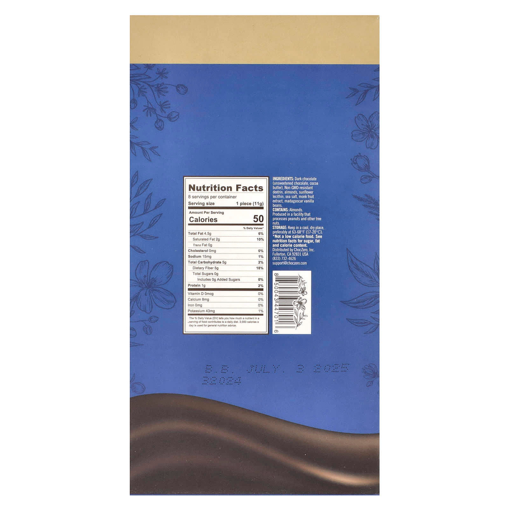 ChocZero, Keto Bark, темный шоколад, миндаль с морской солью, 8 батончиков, 90 г (3,2 унции)