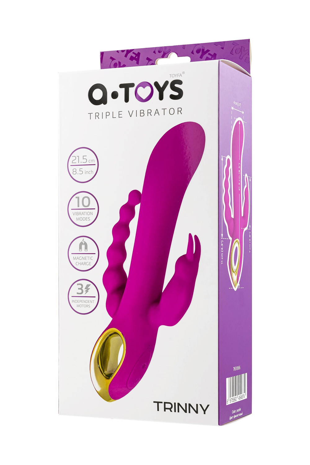Тройной вибратор A-toys Trinny 21,5 см с кроликом и анальным отростком