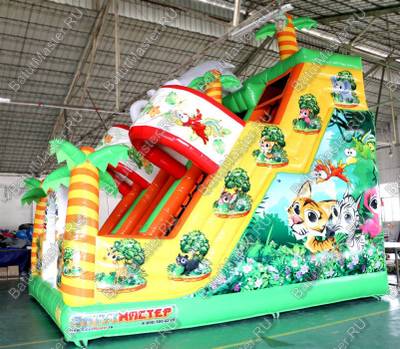 Надувной батут "Слоник в джунглях с двумя лестницами и широким скатом" 6*5*5.5 м