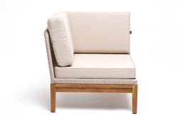 "Канны" угловой модуль плетеный из роупа, основание дуб, роуп бежевый круглый, ткань бежевая 052