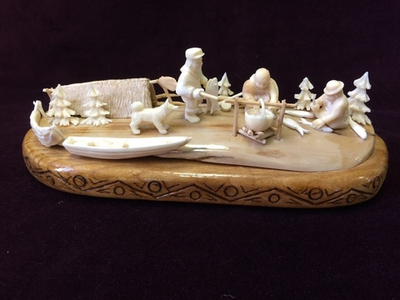 Скульптурная композиция "На рыбалке", зуб кашалота, бивень мамонта