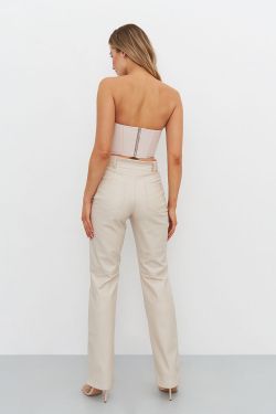 Брюки из экокожи прямые серо-бежевого цвета