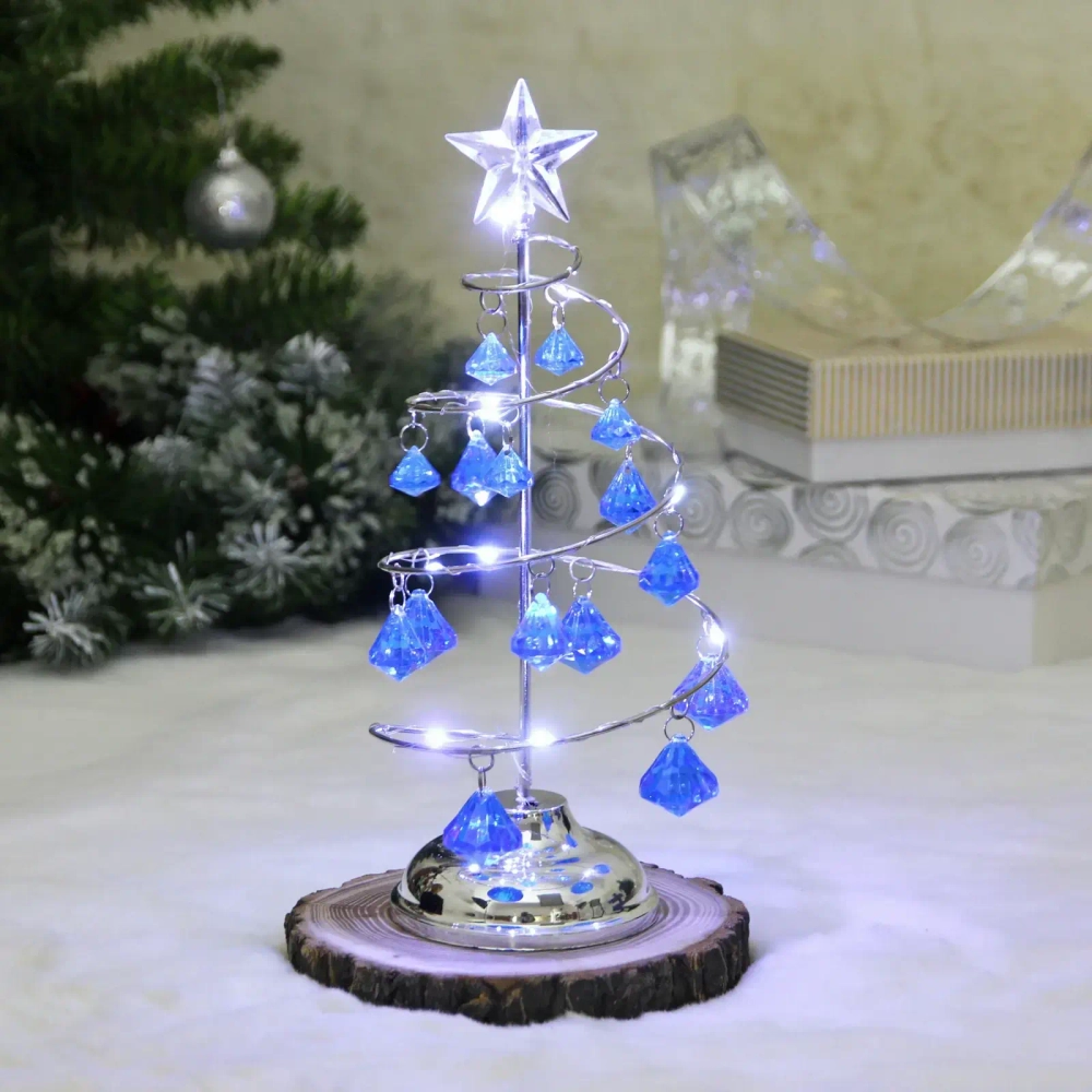 Сувенир с подсветкой «Елочка Хрустальная» 26 см, диаметр 10 см, основание-серебро, свечение белое, хрусталик Голубой (работает от батареек 3 ААА)
