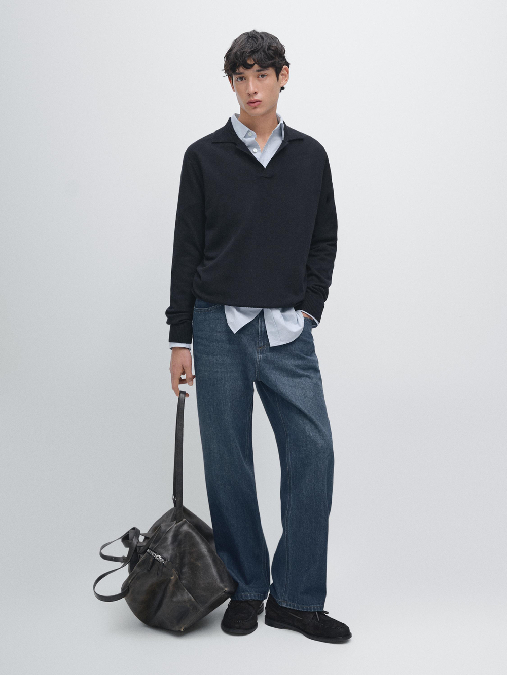 Massimo Dutti Трикотажный свитер поло из 100% шерсти с V-образным вырезом, темно-синий