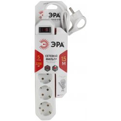 Сетевой фильтр ЭРА USF-5es-1.5m-W с базовой защитой с заземлением с выключателем 5 розеток 1,5м 10А белый