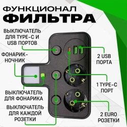 Cетевой фильтр тройник разветвитель с подсветкой 2 розетки с USB и Type-C