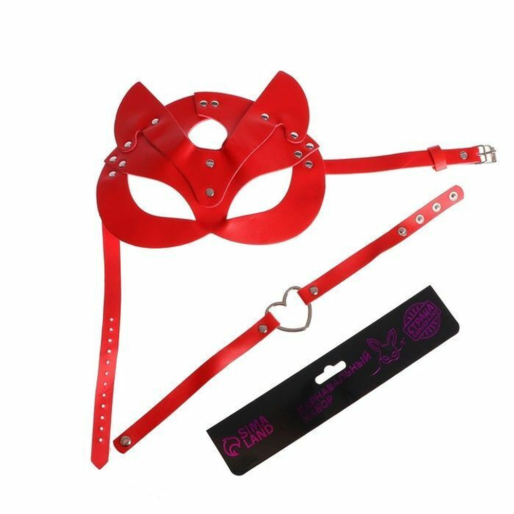 Эротический набор «Поиграй со мной»: маска и чокер (Цвет: красный)