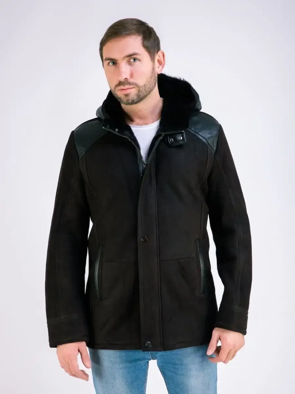 Дубленка мужская натуральная зимняя с капюшоном Турция