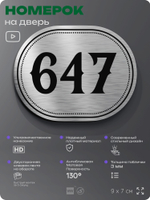 Номерок на дверь квартиры 647, для кабинета, офиса, шильдик 9 х 7 см, серебристый, Айдентика Технолоджи