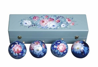 Zhostovo Christmas balls in wooden box - set of 4 balls SET04D-667785816