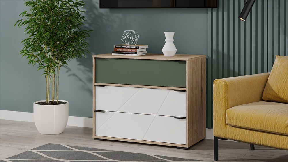 Комод для одежды с ящиками Гикори джексон/Белый матовый/Дымчатый зеленый 3 ящика 90х45х75 см