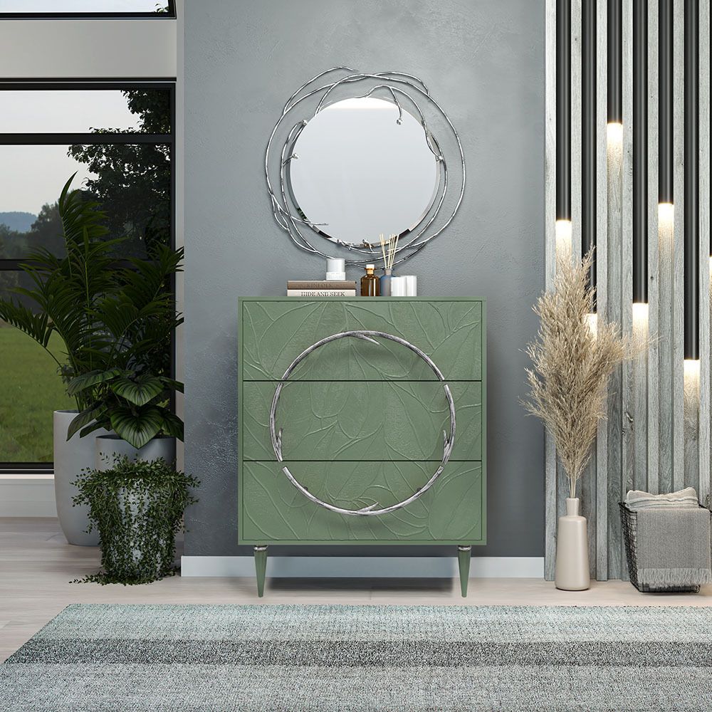 Комод Арт Колор leaves Классик Сильвер с 3 ящиками Зеленый нефрит