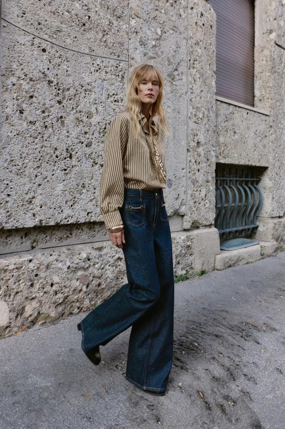 ZARA ДЖИНСЫ Z1975 WIDE-LEG СРЕДНЕЙ ПОСАДКИ С ЦЕПОЧКАМИ, СИНИЙ