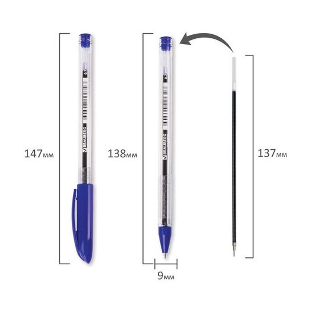 Ручка шариковая Brauberg Rite-oil, синяя, 0.7мм, прозрачный корпус, масляный стержень