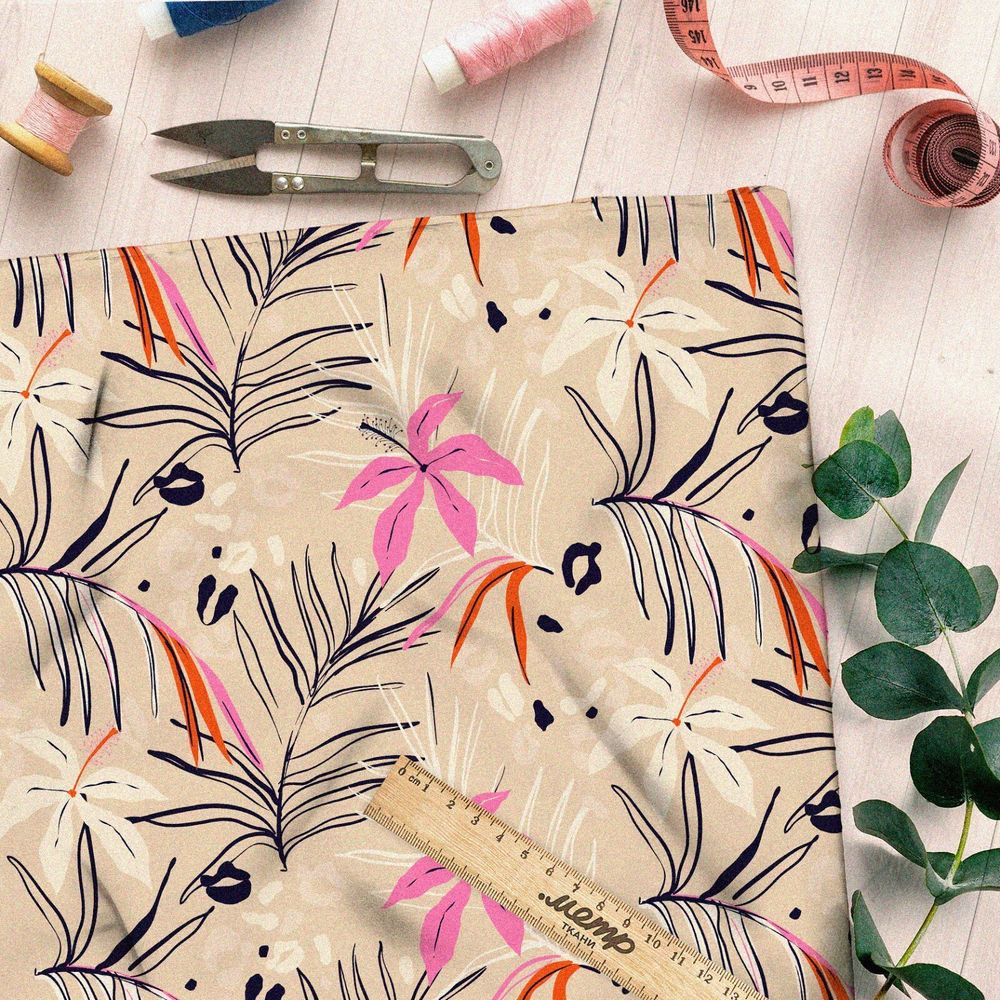 Ткань кулирная гладь контурные листья с розовыми