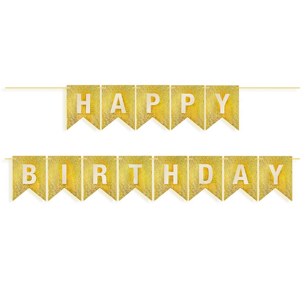 Гирлянда Флажки, Happy Birthday, Золото, Голография, 350 см, 17*12 см, 1 упак.