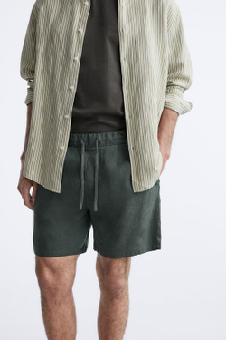 ZARA ШОРТЫ ИЗ ХЛОПКА И ЛЬНА, ЗЕЛЕНЫЙ