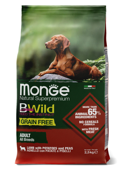 Сухой корм Monge Dog BWild GRAIN FREE для взрослых собак, беззерновой, из мяса ягненка с картофелем 2,5 кг