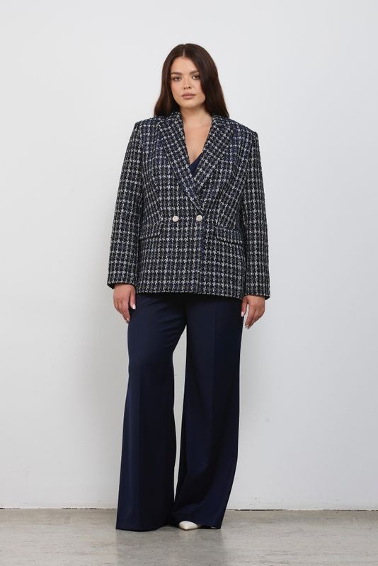 Жакет из твида двубортный в клетку, синий