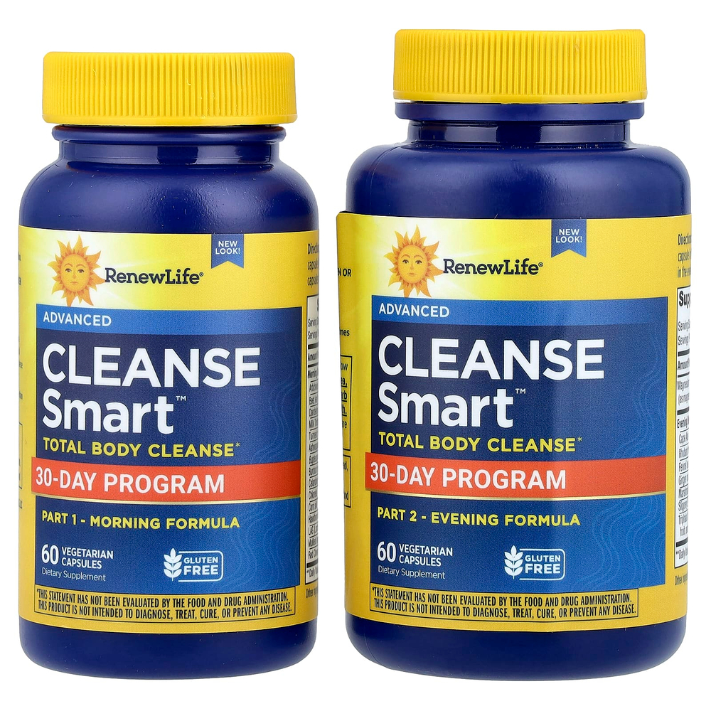 Renew Life, Cleanse Smart™, средство для полного очищения организма, 2 флакона, 60 вегетарианских капсул