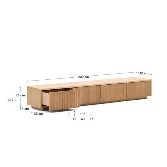Тумба под ТВ Helvine с 4 ящиками из дубового шпона и закаленного стекла, 200 x 40