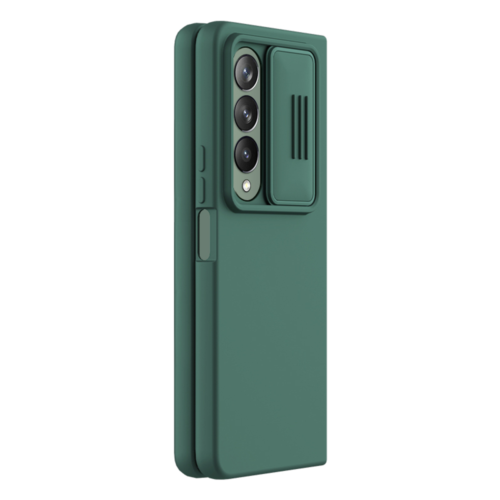 Чехол зеленого цвета от Nillkin для Samsung Galaxy Z Fold 4 5G, серия CamShield Silky Silicone (шелковистый силикон) с защитной шторкой для камеры