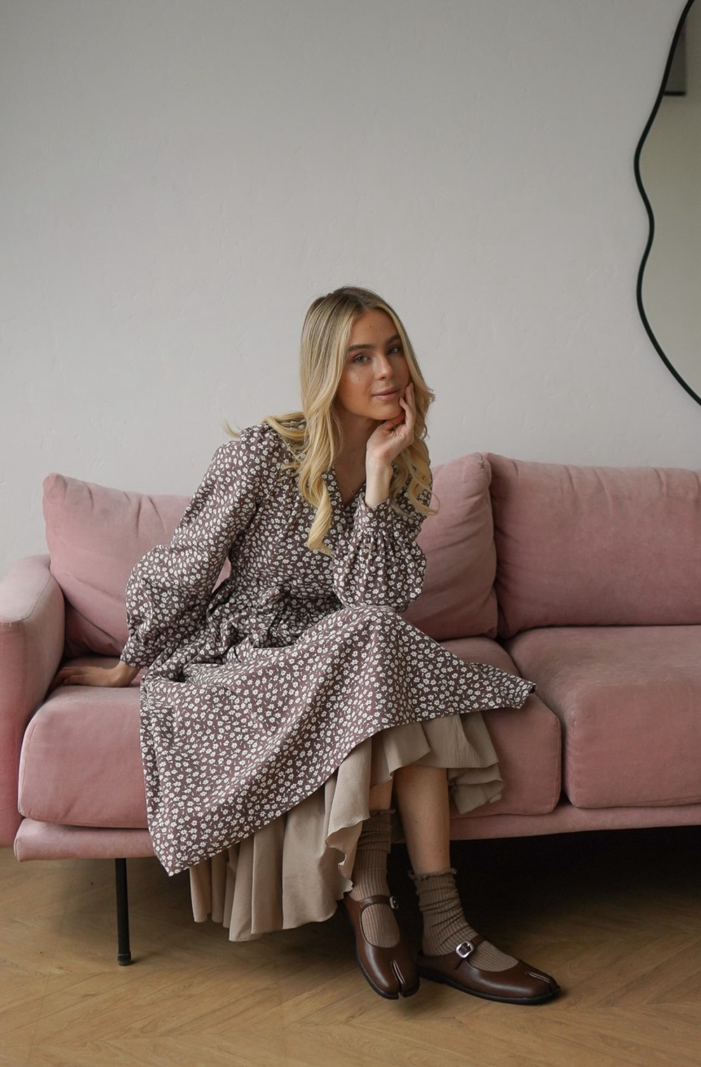 Платье Ева из фланели для беременных и кормящих мам, Мокко с цветами