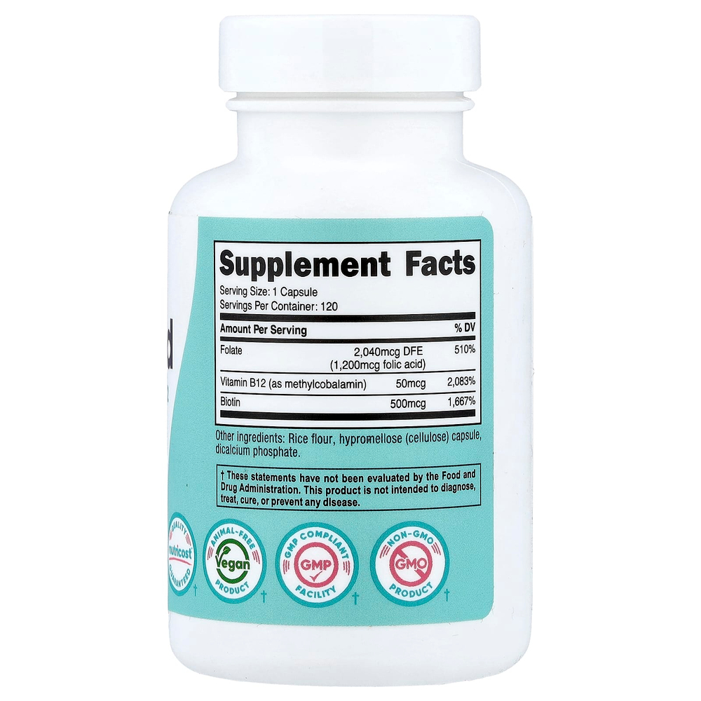 Nutricost, Фолиевая кислота с биотином и витамином B12 для женщин, 120 капсул