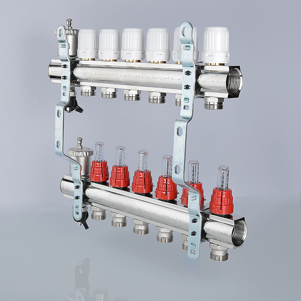 Коллекторный блок VALTEC латунный с регулировочными клапанами и расходомерами 1 1/4", 9 x 3/4", "евроконус"