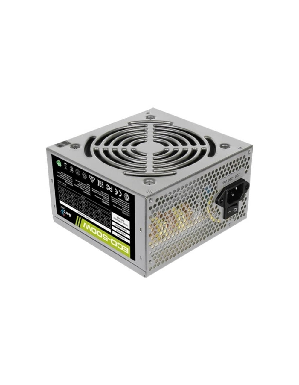 Aerocool 500W Retail ECO-500W ATX v2.3 Haswell, fan 12cm, 400mm cable, power cord, 20+4P, 12V 4P, 1x PCI-E 6P, 3x SATA, 2x PATA, 1x FDD