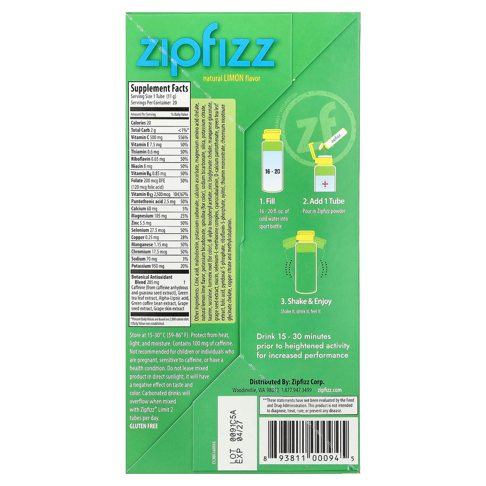 Zipfizz, смесь для энергетического напитка, со вкусом лимона, 20 тюбиков по 11 г (0,39 унции)