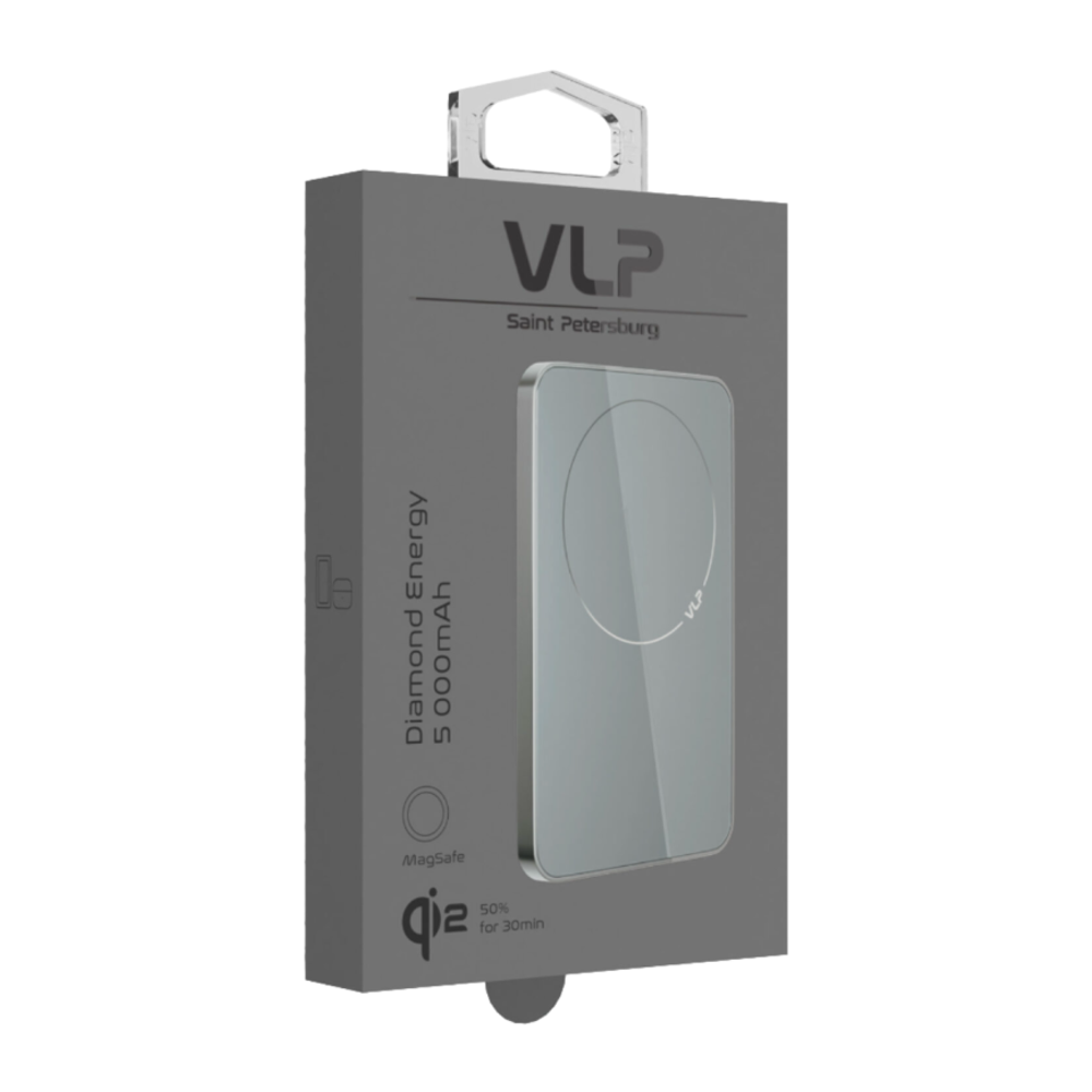 Внешний аккумулятор MagSafe VLP Diamond Energy (Qi2) (5000 мА·ч) Беспроводная зарядка: Qi 15 Вт. Проводная зарядка: USB-C. Есть виджет на iOS, LED-индикация, поддержка PD 3.0, QC 3.0, PPS, AFC, SCP и FCP. Энергоёмкость — 19,35 Вт·ч. Максимальная выходная