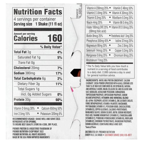 Premier Protein, высокопротеиновый коктейль, шоколад и арахисовая паста, 4 шт. по 325 мл (11 жидк. унций)