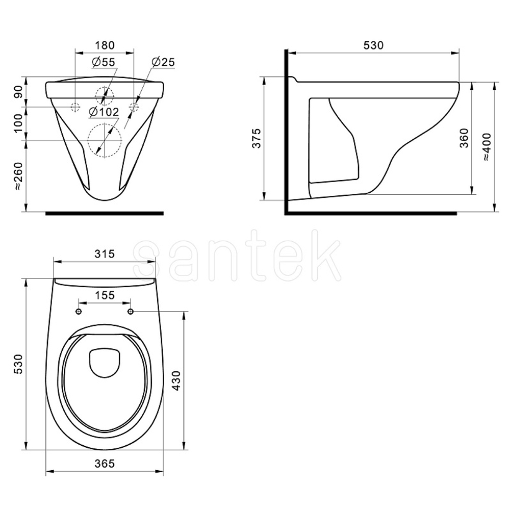 Пэк Santek "Бореаль" rimless подвесной, безободковый унитаз с тонким сиденьем, инсталляция, панель белого цвета (1.WH50.1.832)