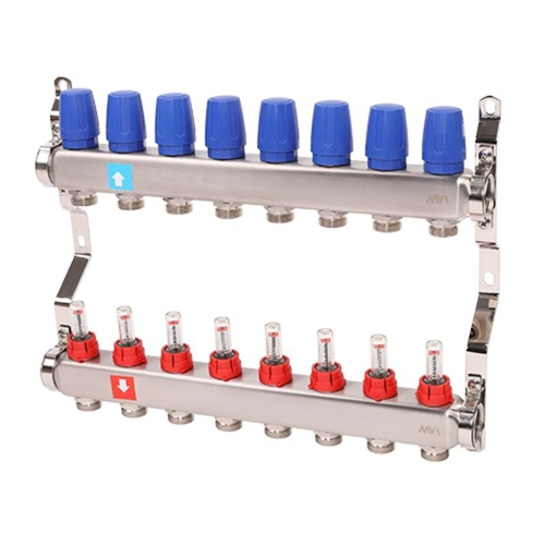 Блок коллекторный MVI из нержавеющей стали DN 25-8 выходов G 3/4, с расходомерами, без дренажного крана и воздухоотводчика, евроконус, MS.508.06