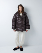 Пуховик двубортный укороченный темный шоколад