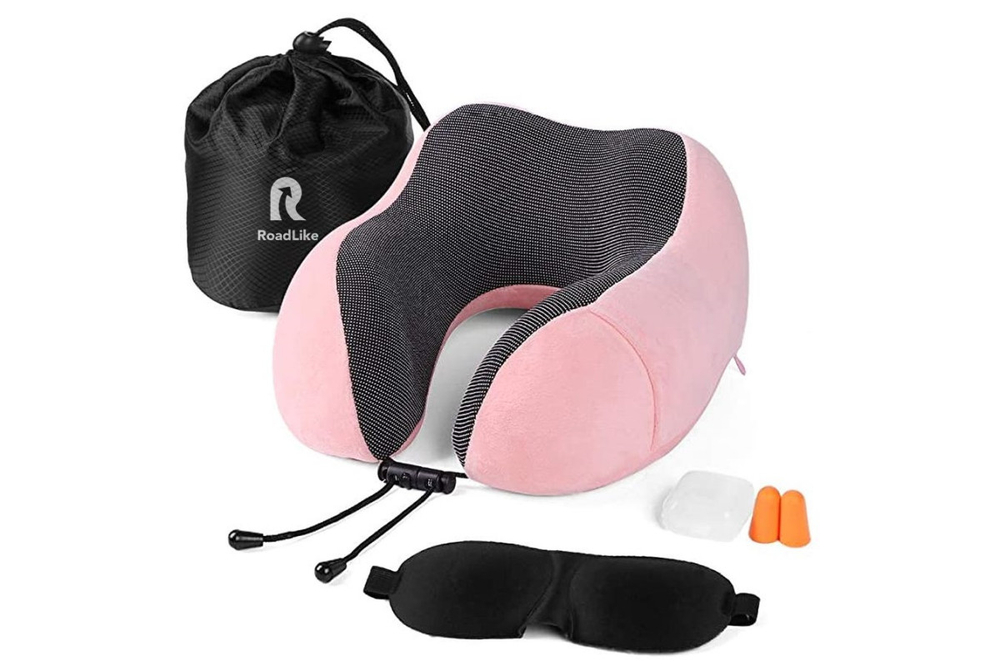 Подушка для путешествий RoadLike Travel Kit Velvet с эффектом памяти, розовый