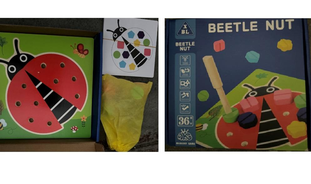 Конструктор деревянный с болтами божья коровка, коробка C-41939