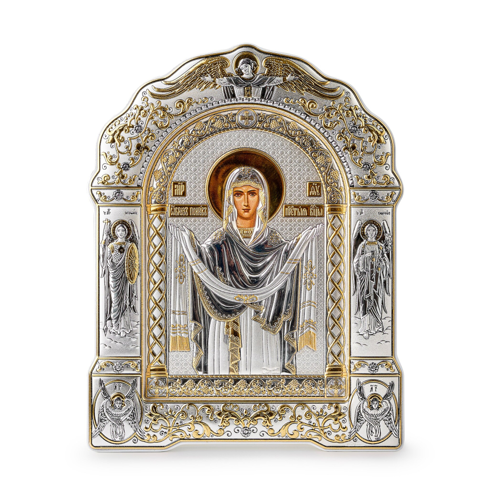 Покрова, икона арочная с рамкой, белое дерево 206х270