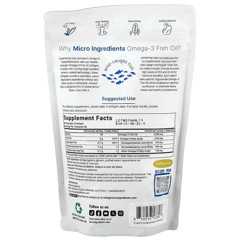 Micro Ingredients, рыбий жир с омега-3, лимон, 240 капсул (1000 мг в 1 капсуле)