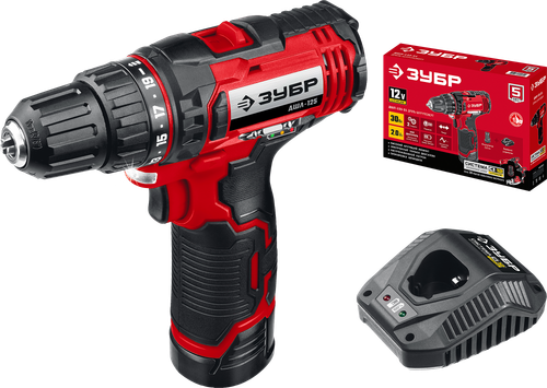 Дрель-шуруповерт 12V Зубр 30Нм, 2хАКБ 2Ач и ЗУ