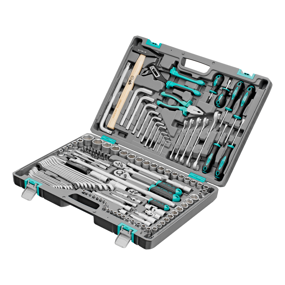 Набор инструментов, 1/2",3/8", 1/4", CrV, пластиковый кейс 142 предмета Stels