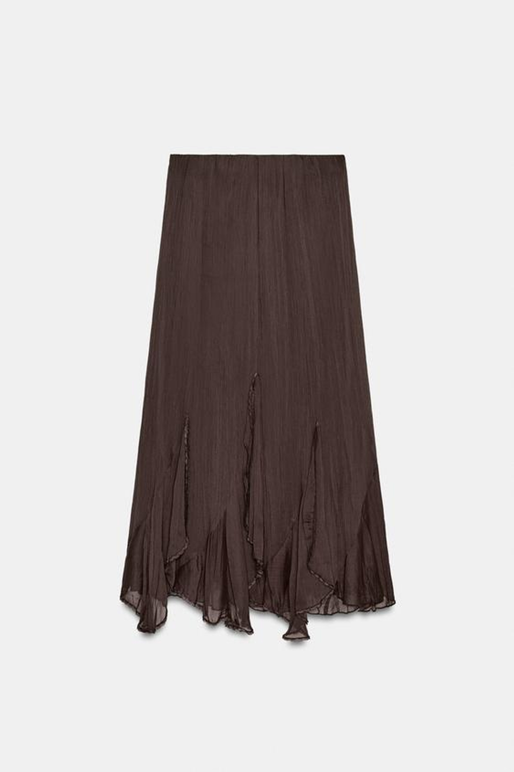 ZARA ЮБКА МИДИ С ВОЛАНАМИ И КРУЖЕВОМ, КОРИЧНЕВЫЙ