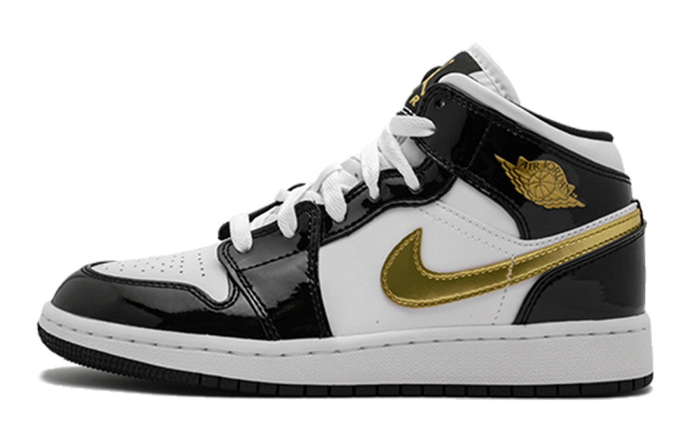 Jordan 1 Mid Patent Black White Gold GS