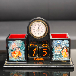 Настольный набор с часами и календарем с ручной росписью Палех "Русские сказки"