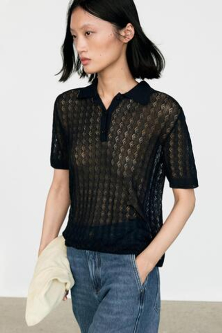 Massimo Dutti Трикотажное поло с ажурным узором, черный