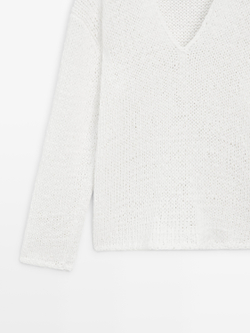 Massimo Dutti Свитер ажурной вязки с V-образным вырезом, белый