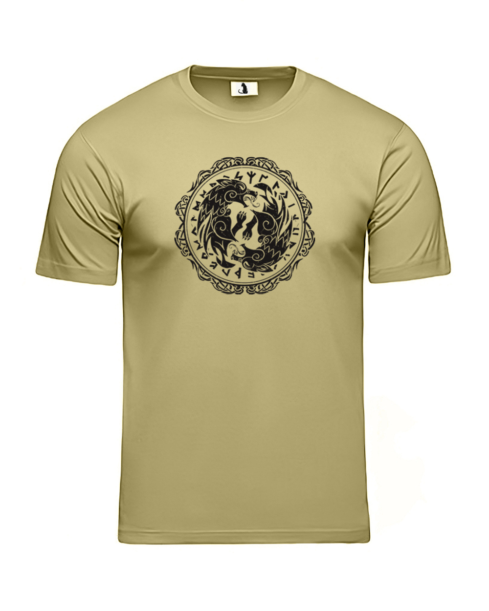 Скандинавская футболка с волком и рунами unisex оливковая с черным рисунком